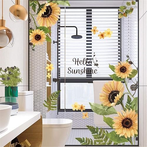 Miniatura 5 de Supzone Calcomanías de pared de girasol, diseño de flores amarillas, diseño de hojas verdes, decoración de pared, de vinilo autoadhesivo, plantas,