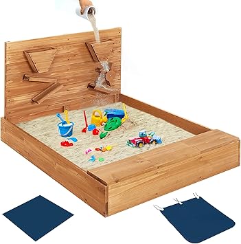 GLACER Kids Sandbox, Wooden Children Outdoor Play Sand Pit w/Fabric Liner, Funnel Chutes, Spinning Wheel & 3 Storage Space, for Backyard Beach Lawn Garden, Bottomless Sand Box for Kids