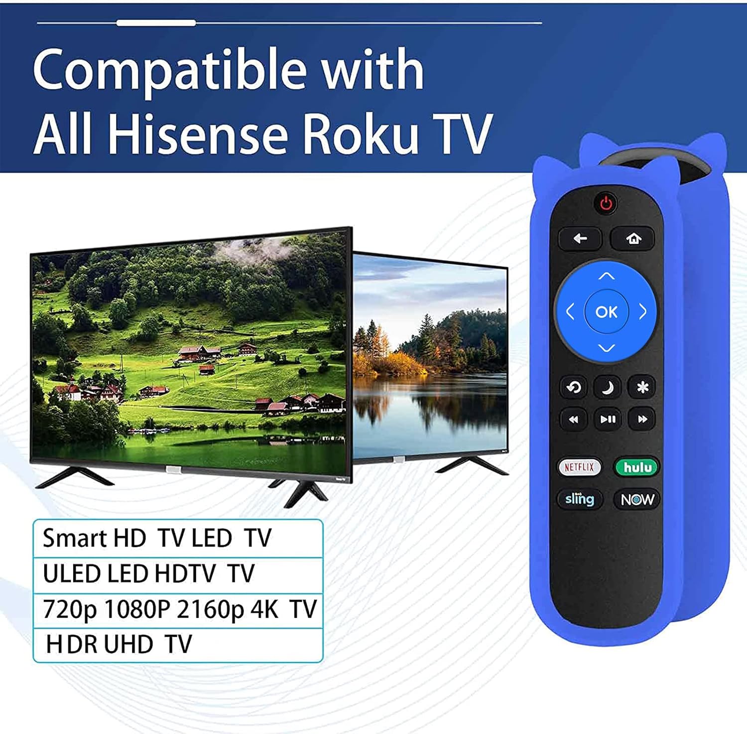 Yimaut Remote Control for All Hisense Roku TV, Universal Remote for Hisense 32" 40" 43" 50" 55" 58" 65" 70" 75" 85" Roku Built-in TV with TV Remote Cover and Wrist Strap (Glow Blue)