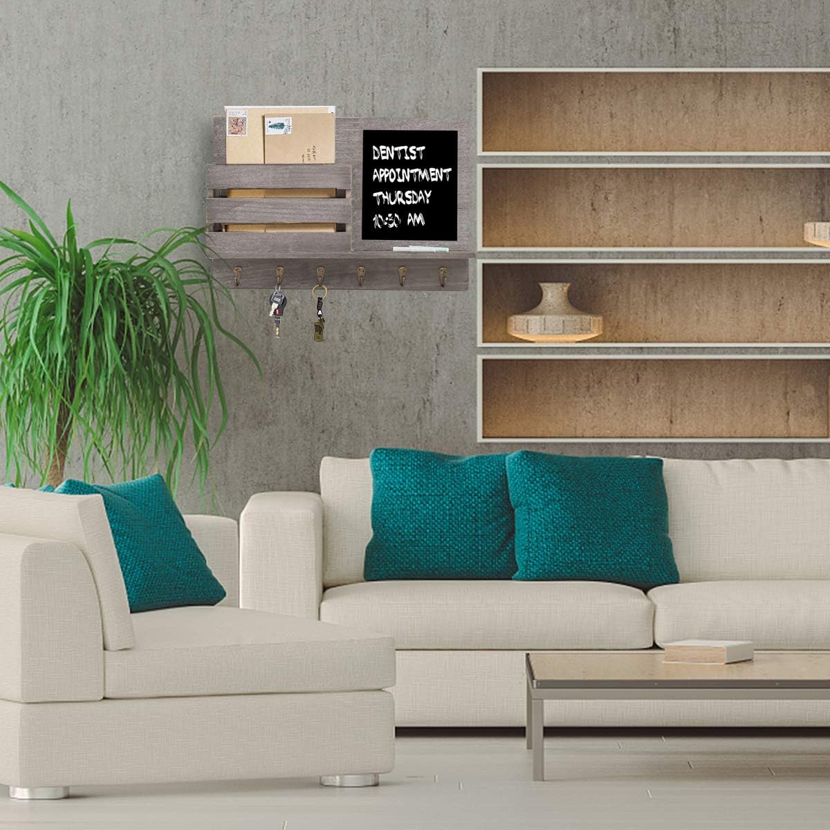 Honest Rustic Wood Wall-Mounted Mail Organizer with Chalkboard Surface &6 Metal Key Hooks,Enytryway Organizer Wall Decor Mail Holder for Magazine,Newspaper,Letter(Grey)