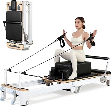 94in Pilates Reformer, Foldable Aluminum Reformer Pilates Machine with 6Springs, Quick-Assembly Studio Grade Pilates Reformer Machine, Pilates Equipment with Sitting Box,Jump Board for Home&Studio GYM