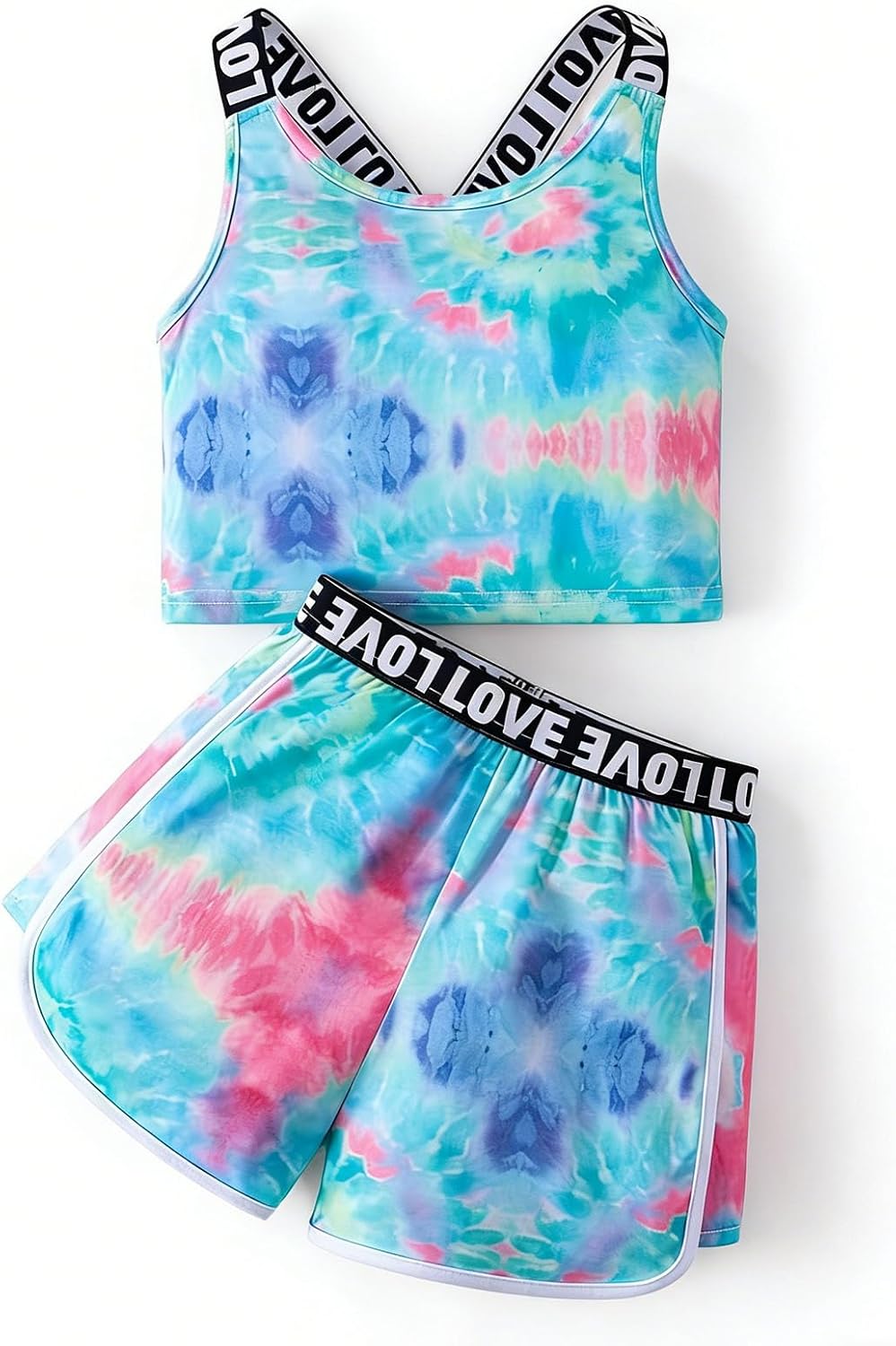 Axumity Kid Girl Outfits Letter Print Tie Dye Crop Tank Top & Contrast Binding Track Shorts 2 Piece Summer Outfit