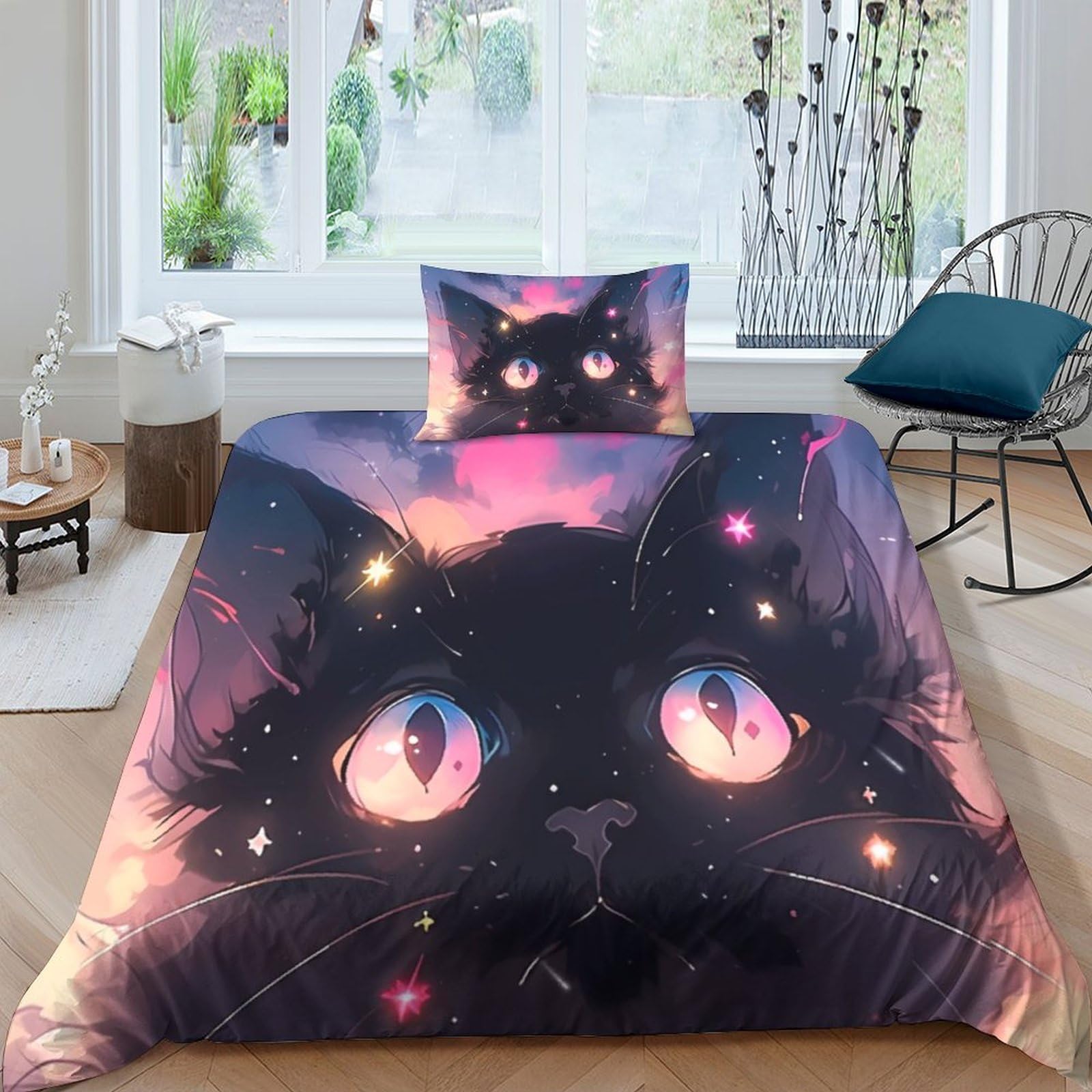 Housse de couette chat mignon 135x200 en microfibre hypoallergénique facile à laver sans repassage