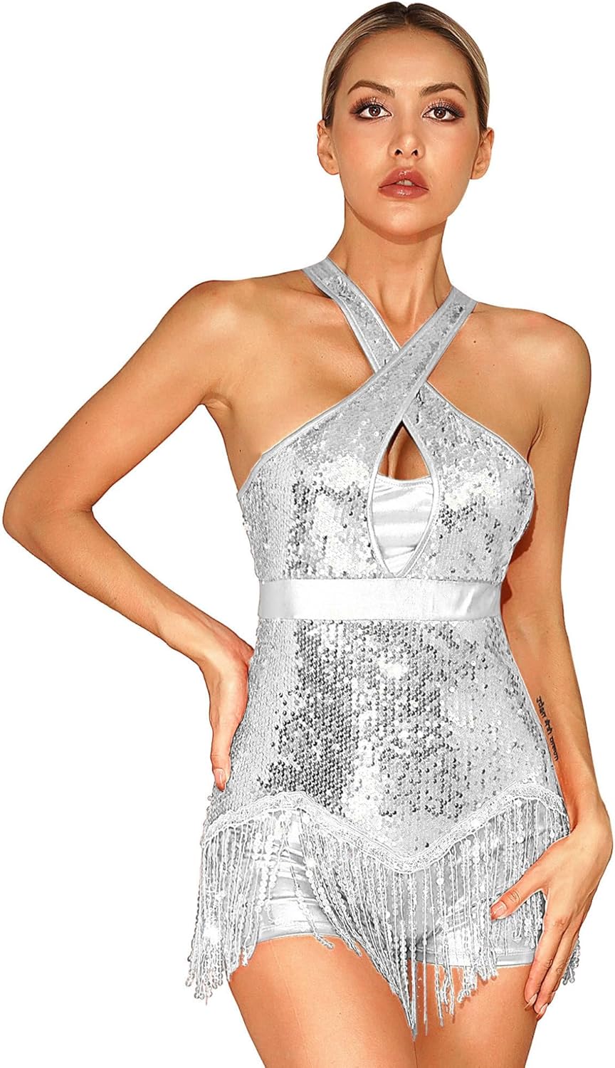 Vestito Da Ballo Donna Con Strass - Per Balletto, Salsa E Latino, In Poliestere Ed Elastan - Foto 8