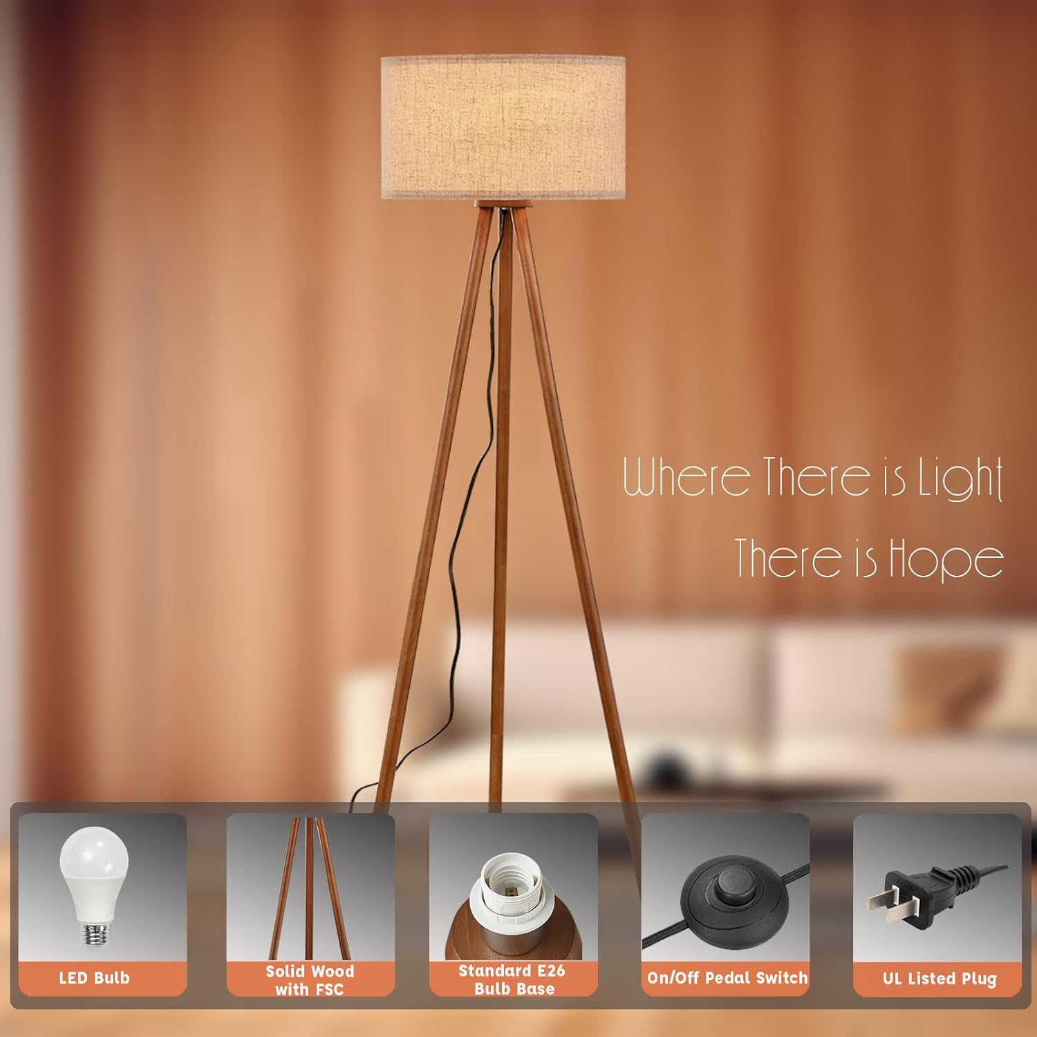 Wood Tripod Floor Lamp for Bedroom, Farmhouse Wooden Floor lamp with 3 Color Temparature LED Bulb for Living Room, Office, Footswitch,ETL Listed/Brown Wood Color