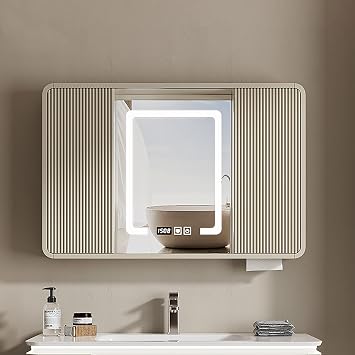 Bathroom medicine cabinet mirror, Solid wood Bathroom Cabinet Wall Mounted with Mirror Door, With LED light and Defogging Over The Toilet Storage Cabinet with Doors and Shelves, wall cabinetBrass,100