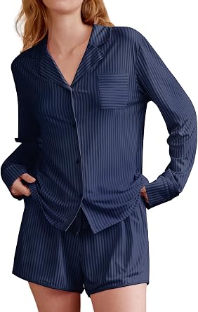 KFUBUO Womens 2 Piece Striped Pajama Sets Long Sleeve Button Down Shirts Matching Shorts Set 2025 Fall Loungewear