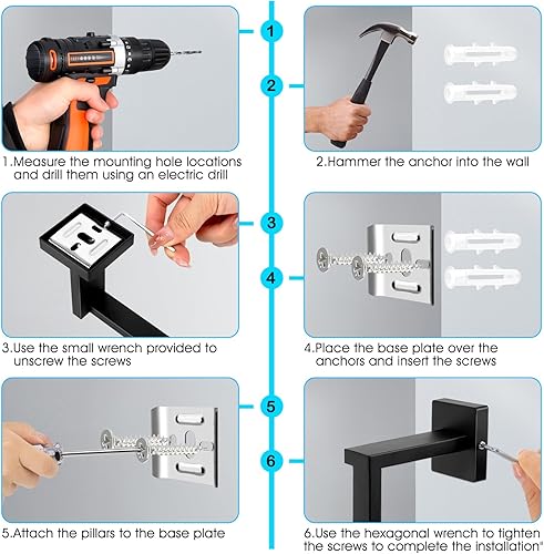 Miniatura 7 de Juego de 15 piezas de accesorios de baño negro mate, juego de toallas de baño de 23.3 pulgadas, juego de toallero cuadrado, toallero cuadrado de