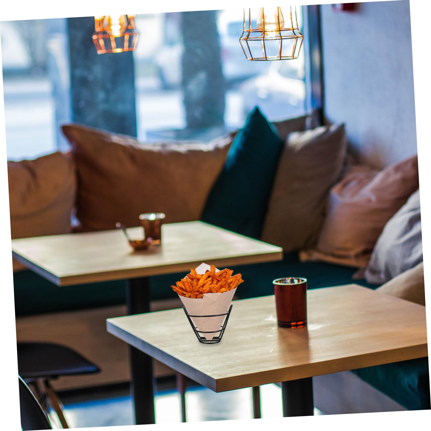 GRIRIW 2pcs Chicken and French Fries Stand For Kitchen Individua Cones Stand Holder Chip and Dip Basket French Fries Basket Fast Food Bowl Waffle Cone Display Stand Tray Snack Iron Black