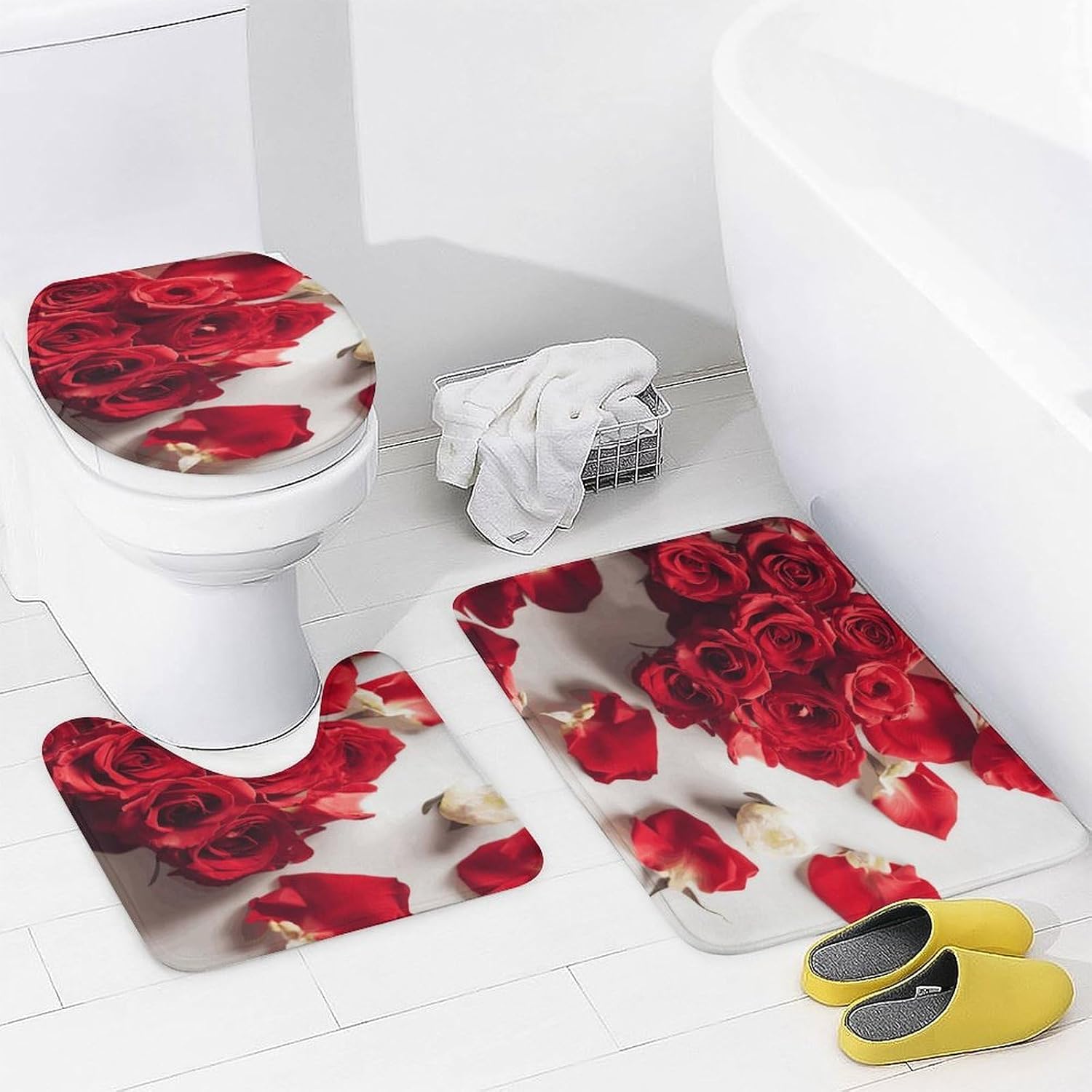 Flowers on Background 4Pcs Shower Curtain Set with Non-Slip Rugs, Toilet Lid Cover and Bath Mat,Bathroom Set Decor Accessories,Curtain Set with 12 Hooks, 72 X 72 Inch