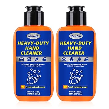 Realth Heavy Duty Hand Cleaner for Mechanics 3.38 Oz*2Pack Waterless Pumice Lotion with Natural Lemon Scent, Strong Grease Remover for Oil & Grime, Moisturizing Hand Soap for Garage & Industrial Use