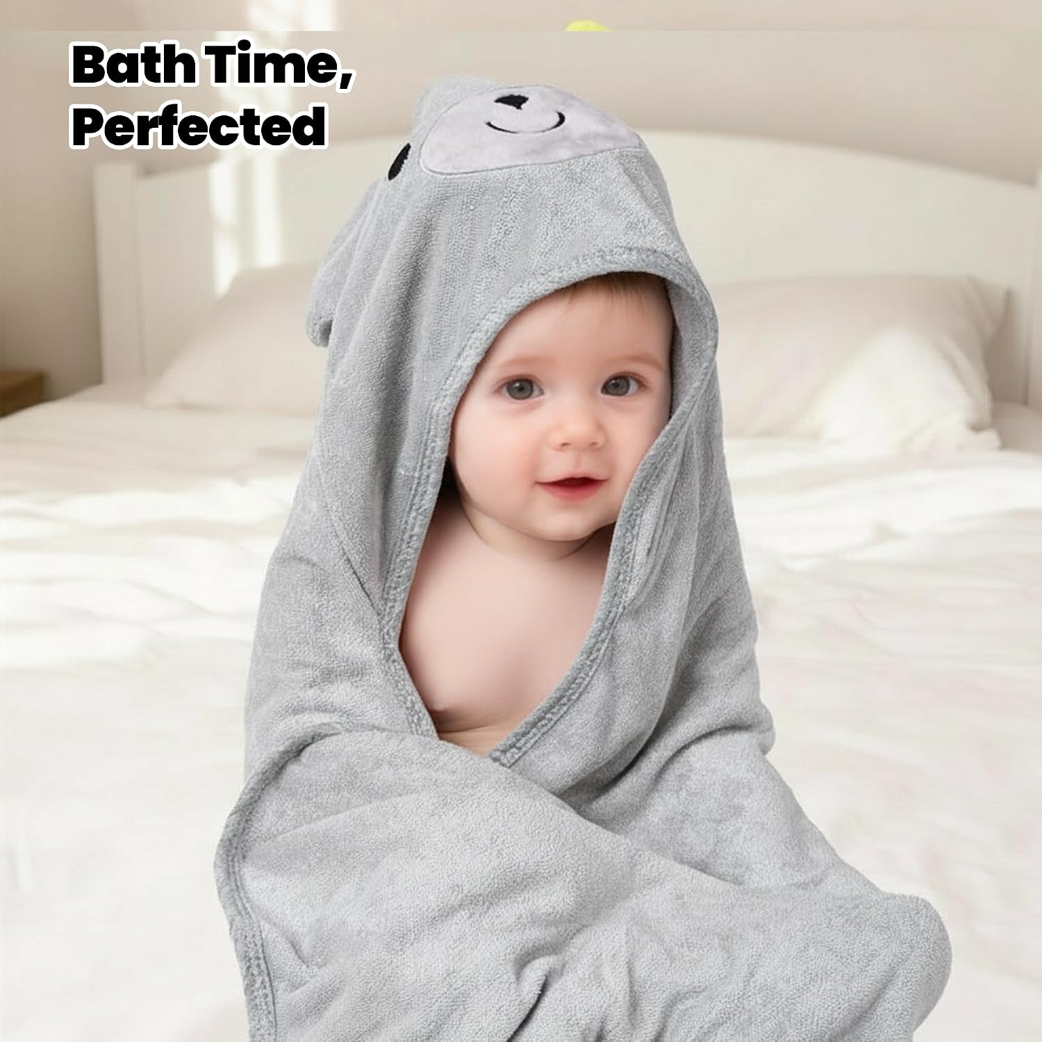 Hooded Baby Towel and Washcloth Set, Bamboo Viscose and Cotton, Ultra Soft, Absorbent, Bath Towel for Newborn, Infant, Toddler (Grizzly Bear)