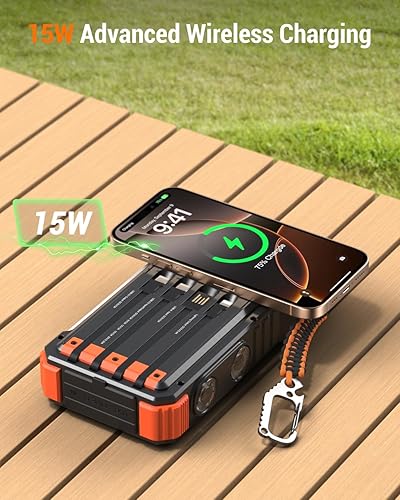 Miniatura 3 de BLAVOR Cargador solar de batería de 45 W, cables integrados, cargador portátil inalámbrico de 20000 mAh con USB C, PD QC de carga rápida impermeable