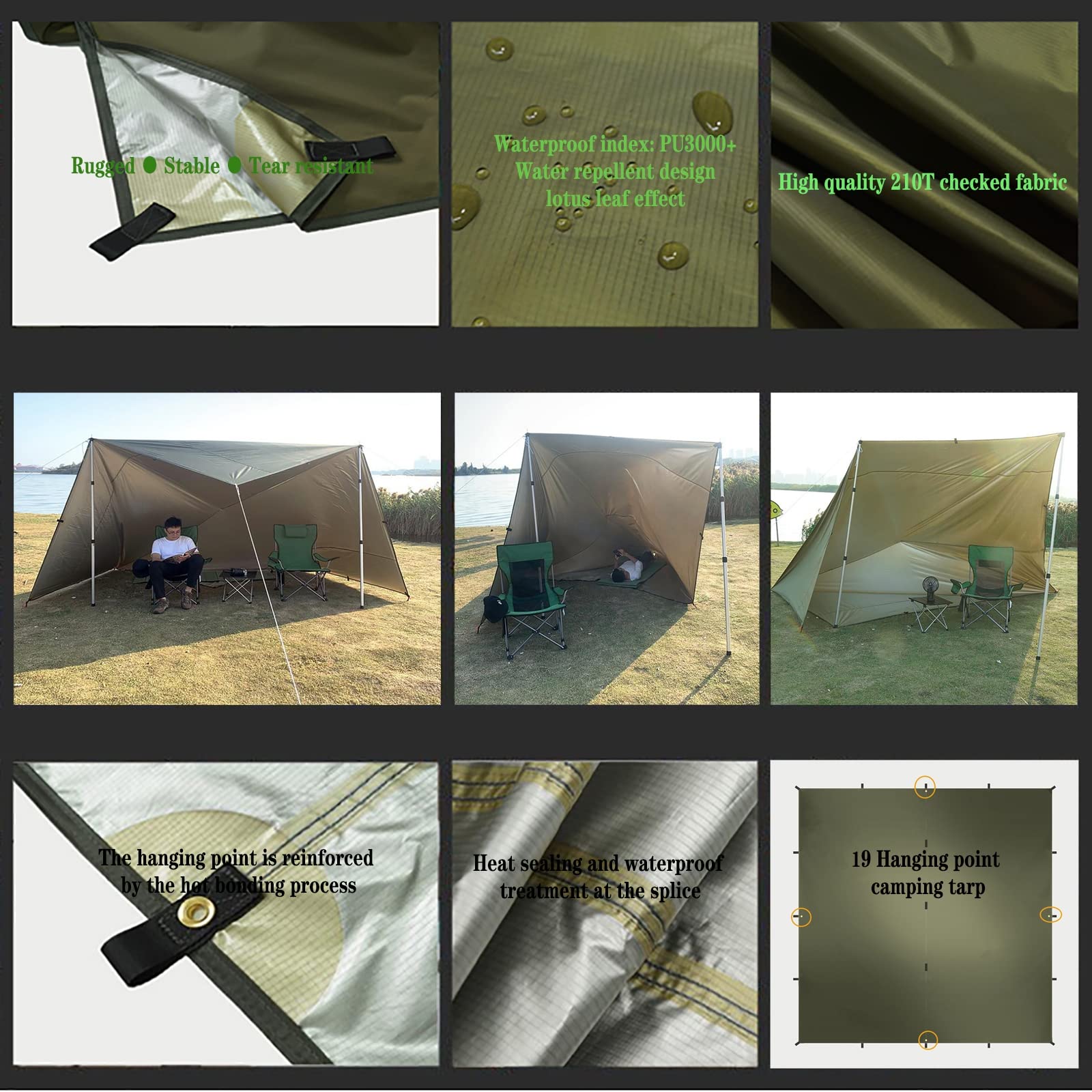 Namioty kempingowe Tarp Oliwkowy zielony Przenośny hamak Deszcz Fly do kempingu, Ultralekki wodoodporny schronienia, Wielokrotnego użytku Prostokątny Tarp ze kołkami, linami wiatrowymi i torbą