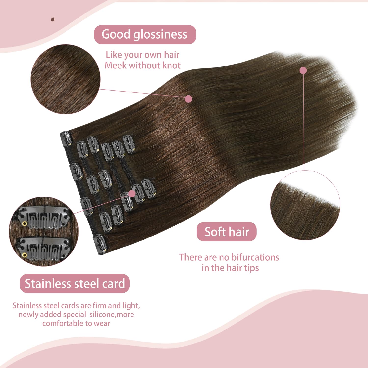 SWANNA Medium Brown Clip in Hair Extensions Real Human Hair, 20 inch 75g 7Pcs Soft & Natural Human Hair for Women #4 Chocolate Brown Extensions