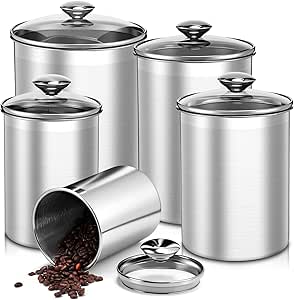 LemonRoad 5-Piece Stainless Steel Canister Set with Glass Lids, Airtight Food Storage Containers (1.0qt - 6.0qt)