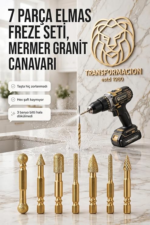 Transformacion 7 Parça Altıgen Hex Şaft Elmas Freze Ucu Seti - Kalın Kum Mermer Granit Seramik Taş Genişletme Oyma Havşa Matkap Ucu BGA Taşlama Matkap Uçları Çapak Alma Seti 723520