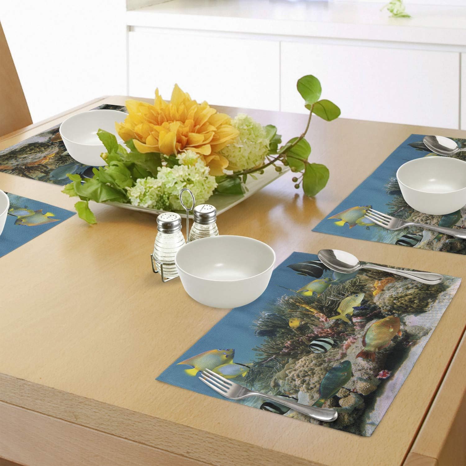 Lunarable Ocean Place Mats Set of 4, Colorful Coral Colony on Reef Shoal of Tropical Fish Caribbean Sea Picture, Washable Fabric Placemats for Dining Room Kitchen Table Decor, Amber Blue