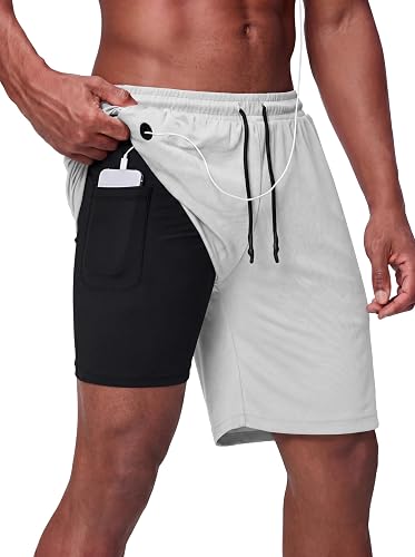Men's 2 in 1 Running Shorts 7'' Quick Dry Mesh Pants with Inner Stretchy Phone Pocket Earphones Hole Towel Rail Gym