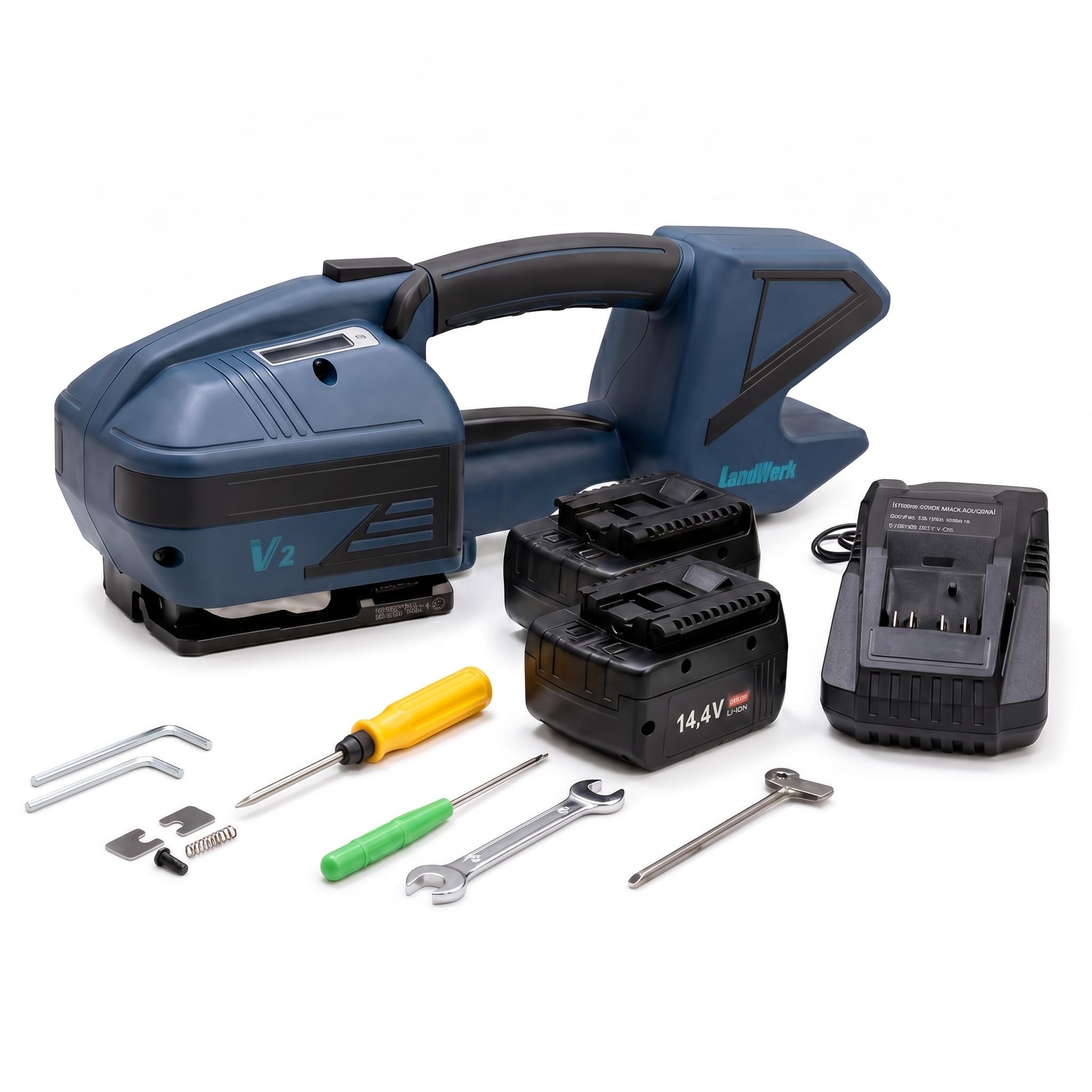 V2 Akku Umreifungsgerät für PP & PET Band 13–16 mm – Elektrisches Hand Umreifungsgerät mit 2x 4000 mAh Akku, 3200 N Spannkraft, Halbautomatische Verpackungsmaschine