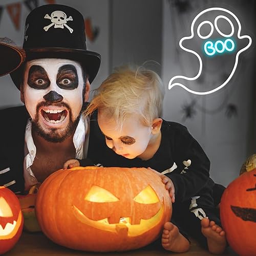 Miniatura 7 de Letreros de neón de fantasmas, luces de neón para decoración de pared, decoración de Halloween, lindo fantasma, lámpara de neón de fantasma blanco