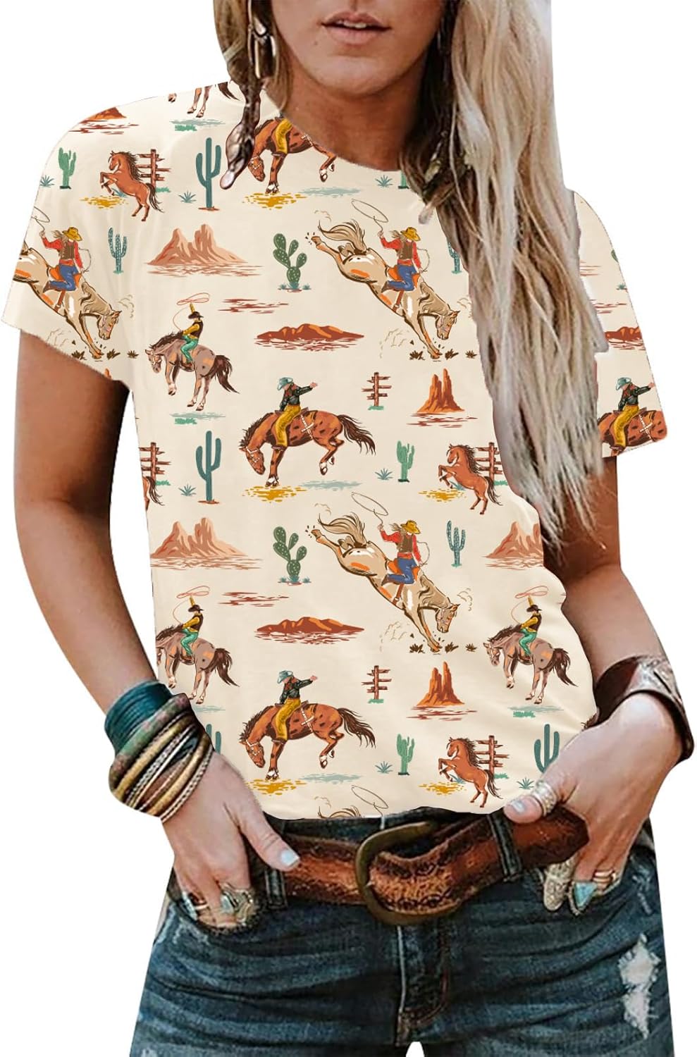 Cowgirl Outfits for Women Vintage Western Aztec Rodeo T Shirts Cactus Desert Graphic Tee Tops