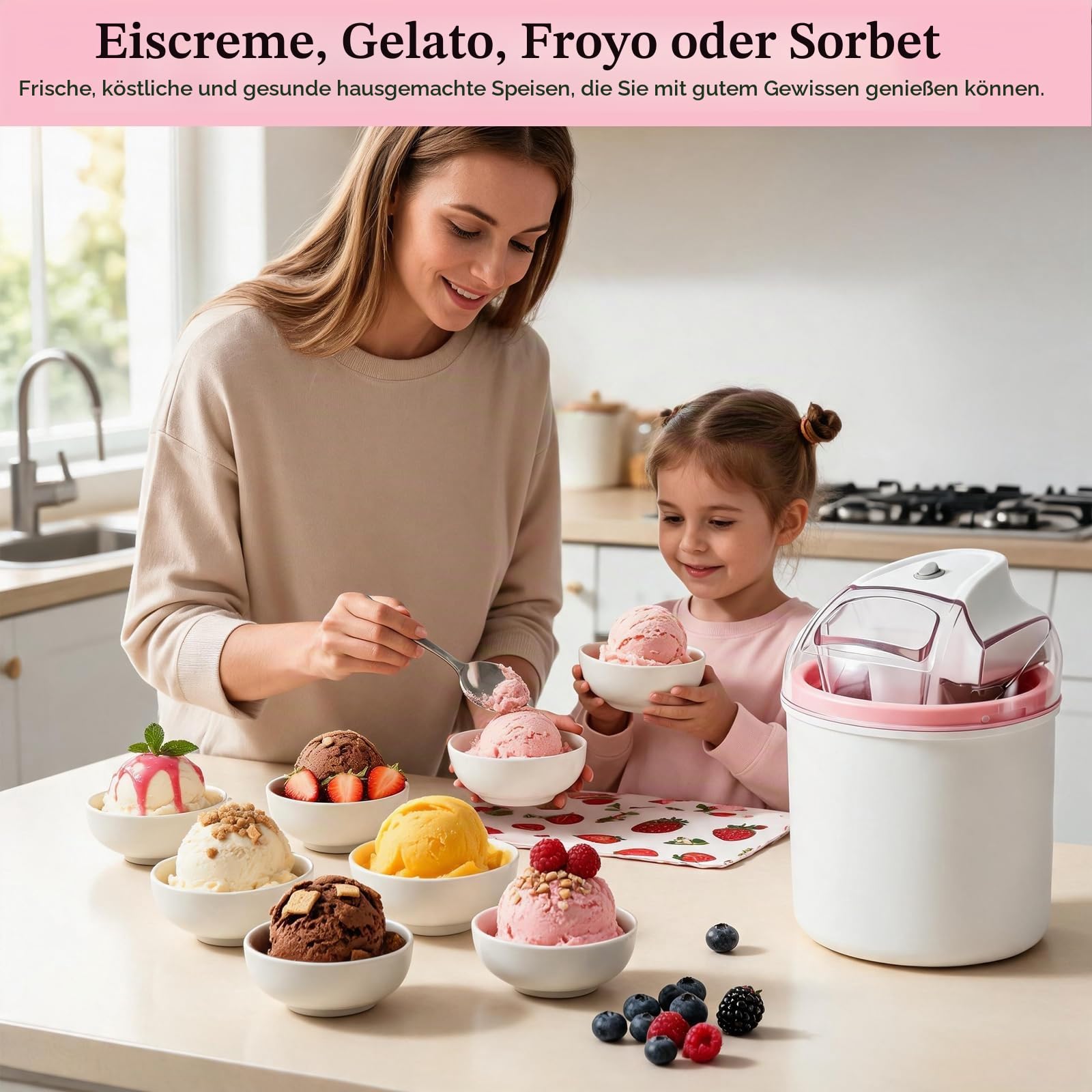 Eismaschine 1,6 L, für Eiscreme, Sorbet & Frozen Joghurt, Softeismaschine mit One-Touch-Bedienung, 20–40 Min. Zubereitungszeit, mit Nachfüllöffnung und doppelwandigem Kühlbehälter
