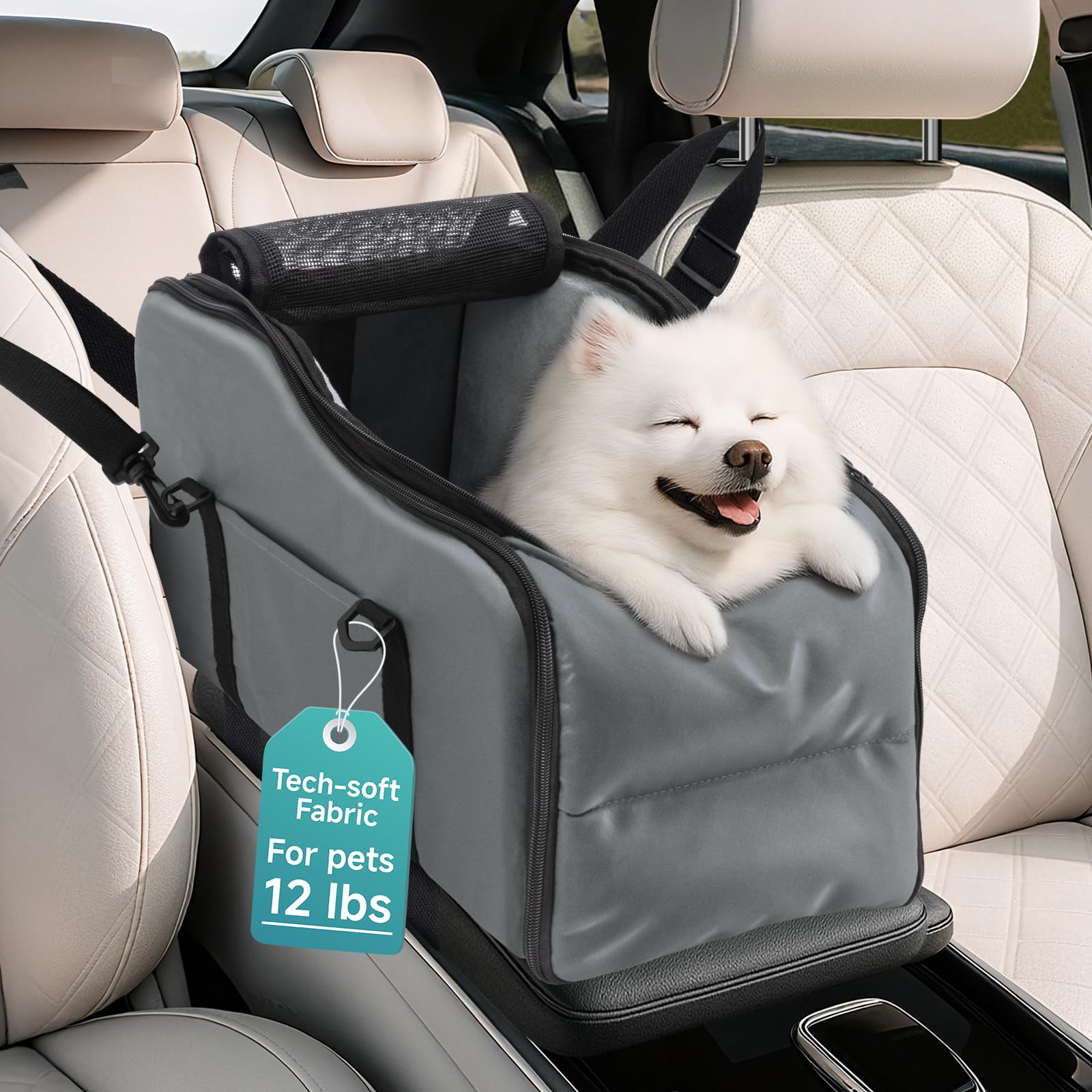 Center Console Dog Car Seat - Suitable for Small Dogs and Puppies Up to 12 lbs,Portable Armrest Booster with Safety Belt, Easy-Clean Technical Cloth,Safety Leash,Storage Bag,Multi-Function Pet Carrier