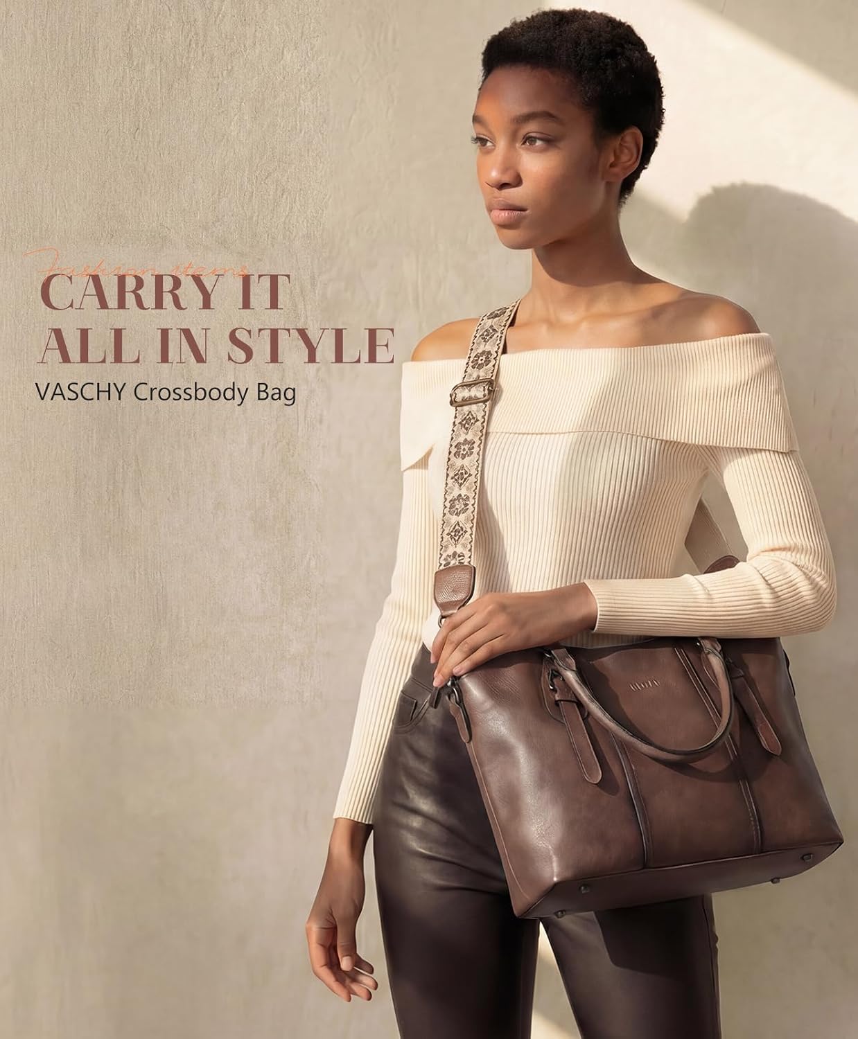VASCHY Hobo Bags for Women, Vegan Leather Top Handle Satchel Shoulder Purse Handbag Purse with Crossbody Guitar Strap