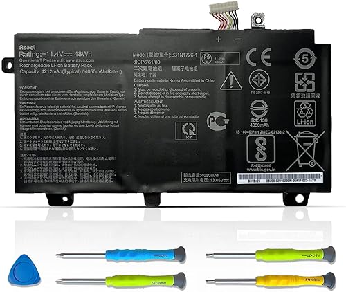 ASODI B31N1726-1 B31N1726 - Batería para portátil compatible con ASUS TUF Gaming FX505 FX80 Series B31BN91 0B200-02910200 11.4V 48Wh 4212mAh
