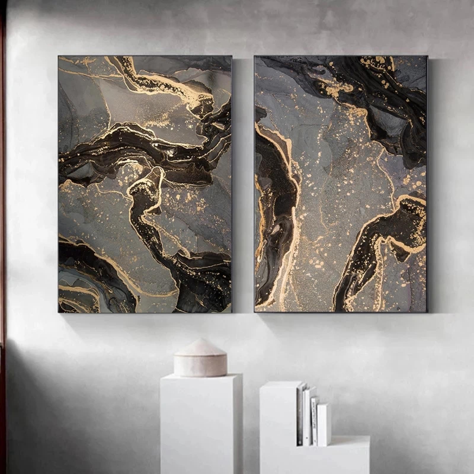 Affiche fluide abstraite moderne noir et or 40x60 cm x 2 - 8