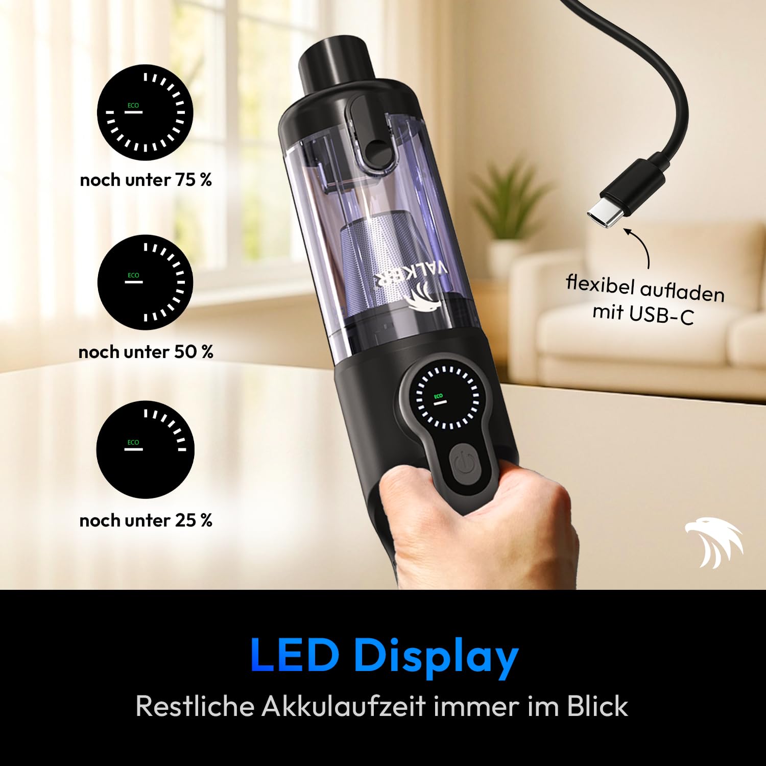 VALKER® Handstaubsauger Akku [TESTSIEGER] Starke Saugleistung 80000 RPM | Druckluft Funktion 2-in-1 | Waschbarer HEPA-Filter | Handsauger Kabellos für Auto & Zuhause | Mastergrip