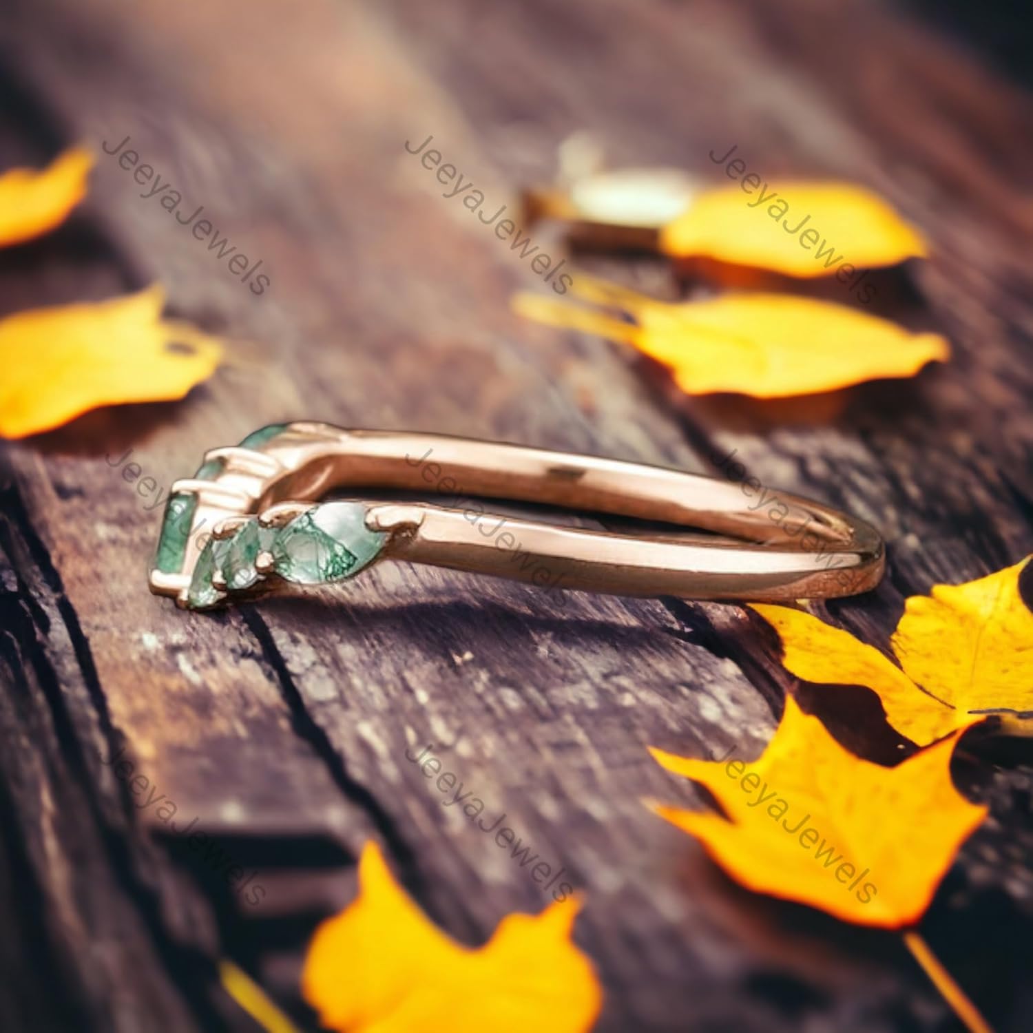 Natural Moss Agate Open Wedding Band Handmade Curved Promise Band Rose Gold Nature Inspired Minimalist Band Personalized Jewelry Rings For Women Valentine Proposal Band