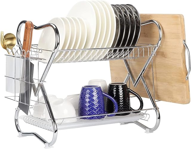 HORLIMER 2 Tier Dish Drainer Rack for Kitchen Countertop or Sink, Plate Draning Rack with Cutting Board Rack, Cutlery Holder and Drip Tray, Chromed Heart Frame Design, Silver
