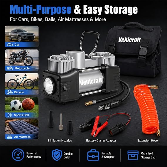 Silver Tire Inflator Portable Air Compressor, Heavy Duty Double Cylinders Auto Pump, 12V Portable Air Compressor Pump with Emergency LED Light - 150PSI Tire Pump, Apply to Car, SUV, RV