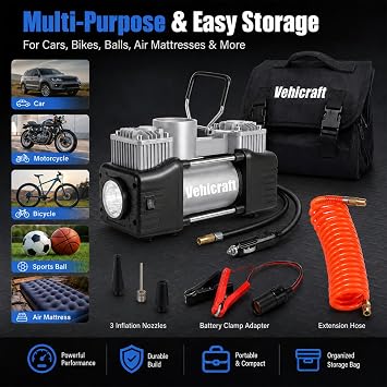 Silver Tire Inflator Portable Air Compressor, Heavy Duty Double Cylinders Auto Pump, 12V Portable Air Compressor Pump with Emergency LED Light - 150PSI Tire Pump, Apply to Car, SUV, RV