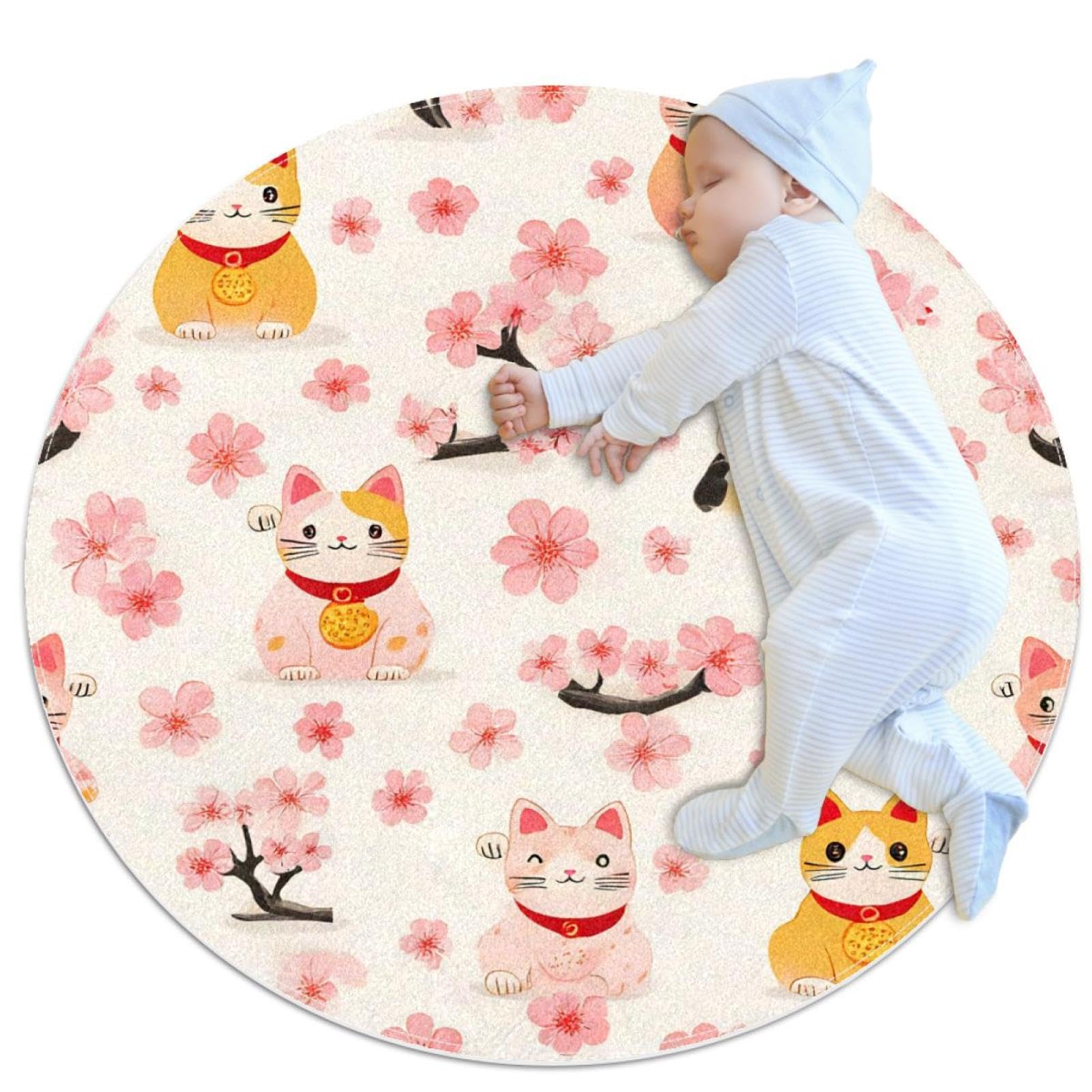 Tapis de salle de bain rond antidérapant Maneki Neko motif chats et cerises 1m