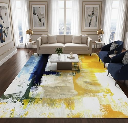 Miniatura 2 de Alfombra contemporánea moderna abstracta azul amarillo vibrante de 4 x 6 pies, alfombra estética de lana ultra suave para sala de estar, dormitorio,