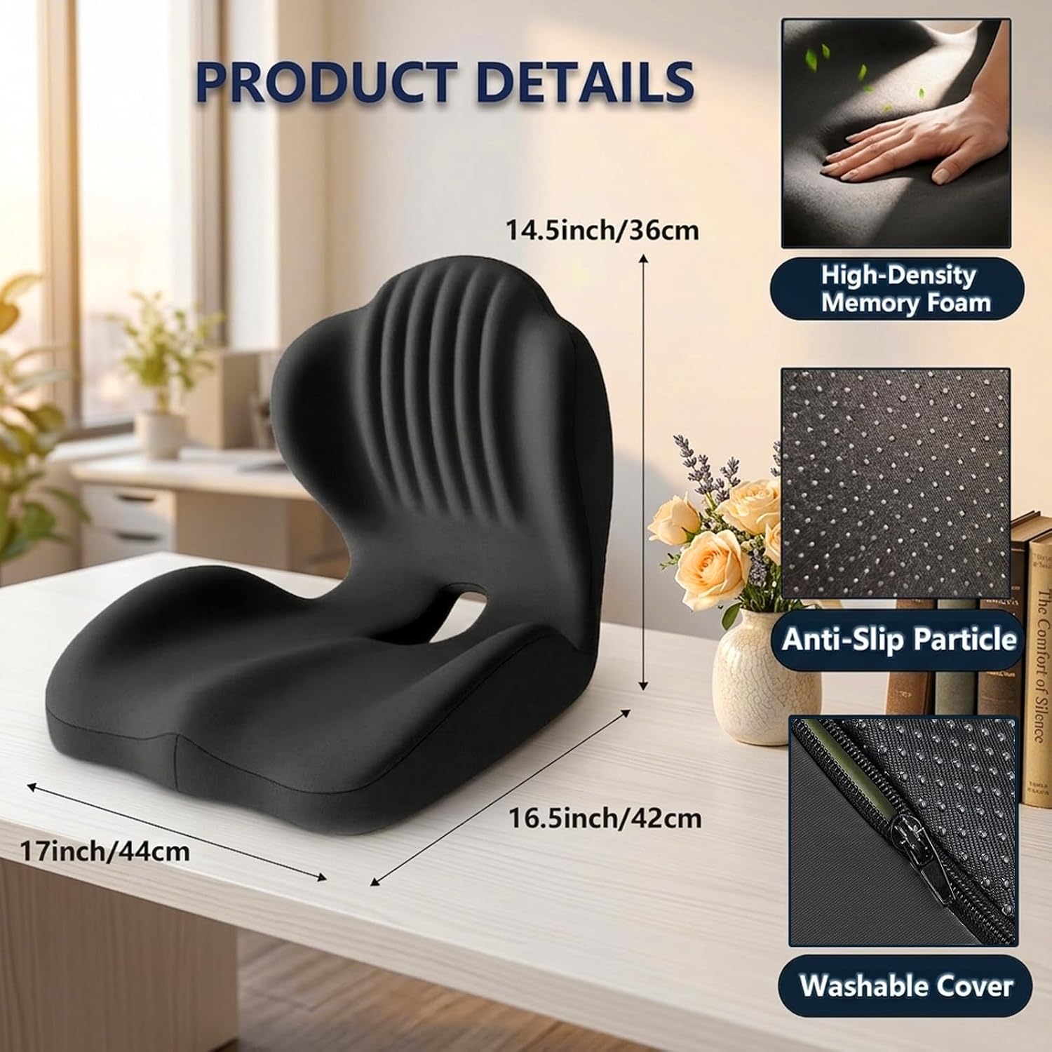 Ergonomic Office Chair Seat Cushions, Seashell Memory Foam Orthopedic Cushion with L-Shaped Design and Coccyx Hollow, Lumbar Support & Tailbone Pain Relief for Car, Truck, Gaming Chair (Black)