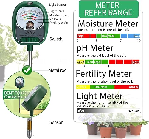 Miniatura 4 de AiGerdinn Kit de prueba de suelo 4 en 1, medidor de humedad del sueloluzfertilidadmedidor de pH del suelo para jardinería, sin necesidad de probador