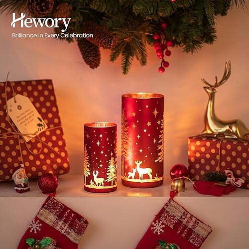 Miniatura 2 de Hewory Portavelas de huracán de Navidad juego de 2 velas de Navidad de reno dorado rojo, portavelas de vidrio para centro de mesa, mantel de