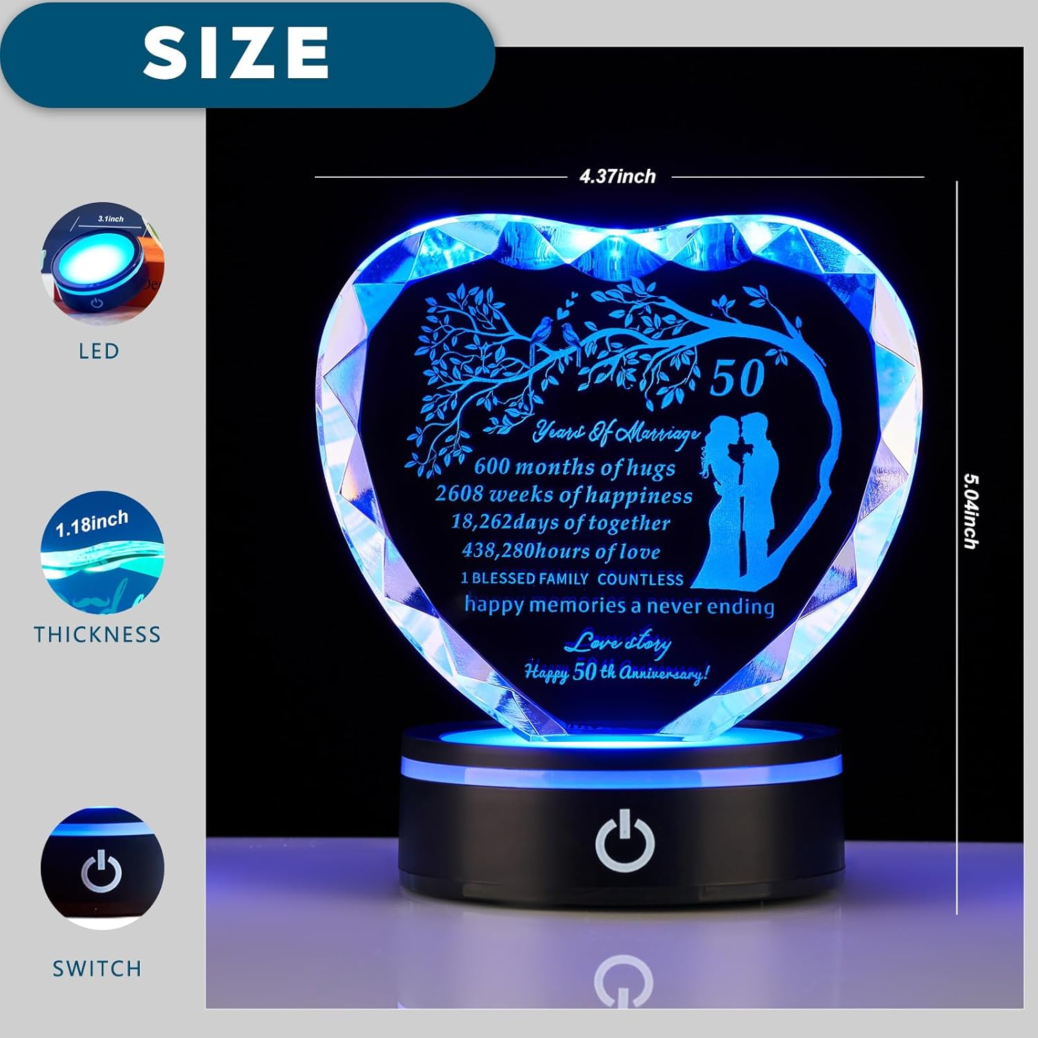 50th Wedding Anniversary Crystal Heart Gifts for Parents Couple, Laser Engraved Romantic 50 Year Anniversary Crystal Keepsake Gifts for Wife Husband, 50 Years of Marriage Gift for Her Him