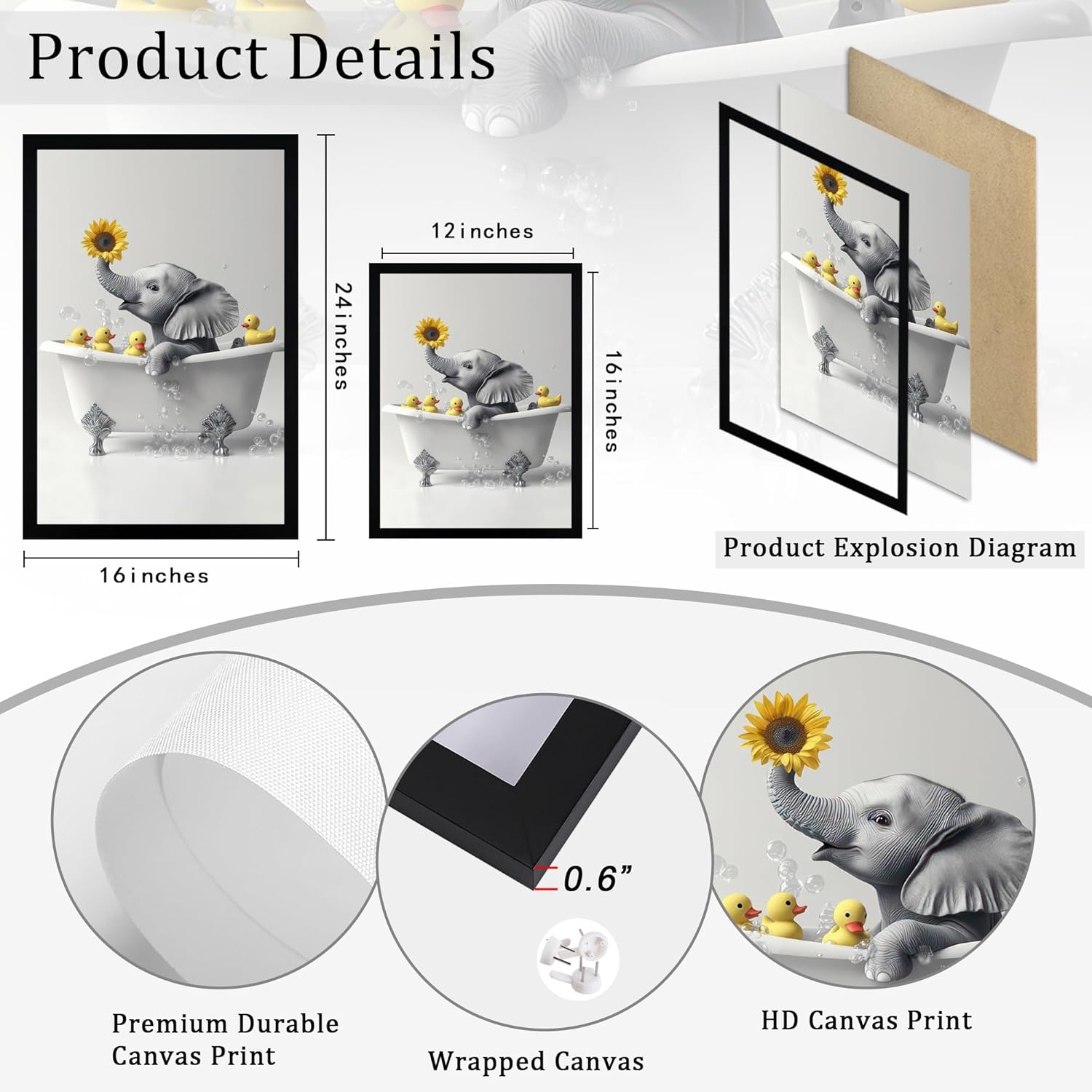 Ovczax Framed Funny Black And White Bathroom Wall Art Elephant And Duck In Bathtub Cute Animals Kids Room Decor Canvas Wall Decor 16" x 12" With Frame