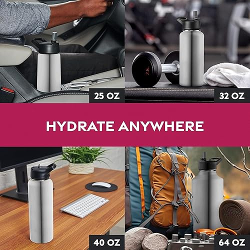 Miniatura 8 de Botellas de agua de acero inoxidable con triple aislamiento con pajilla, botellas de agua reutilizables aisladas de 25 onzas con 3 tapas, botella de