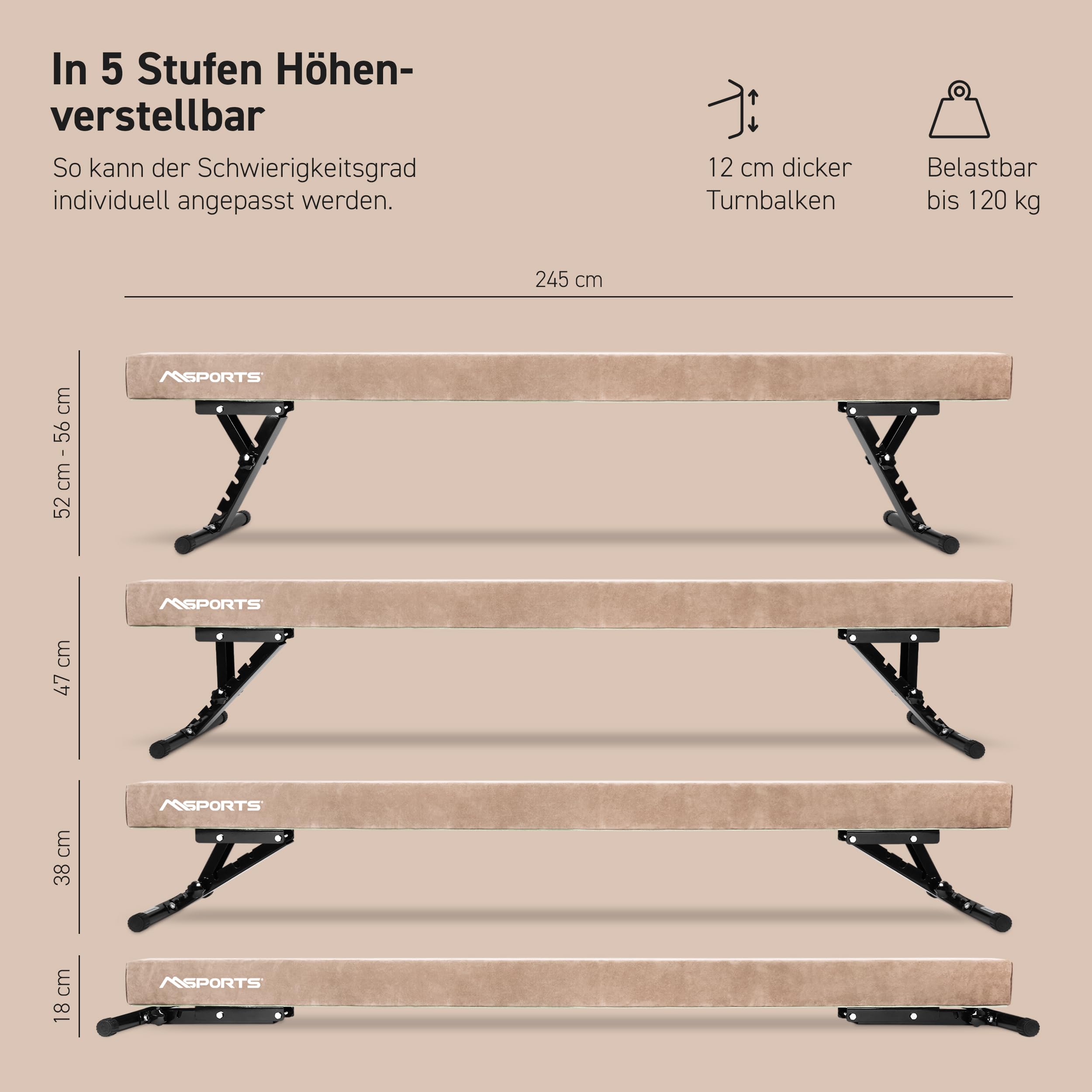 MSPORTS Schwebebalken Premium höhenverstellbar – 245 cm Balance Beam für Kinder & Erwachsene – 5-stufig höhenverstellbar (18–56 cm) – Turnbalken für Zuhause oder Verein – 5 Farben