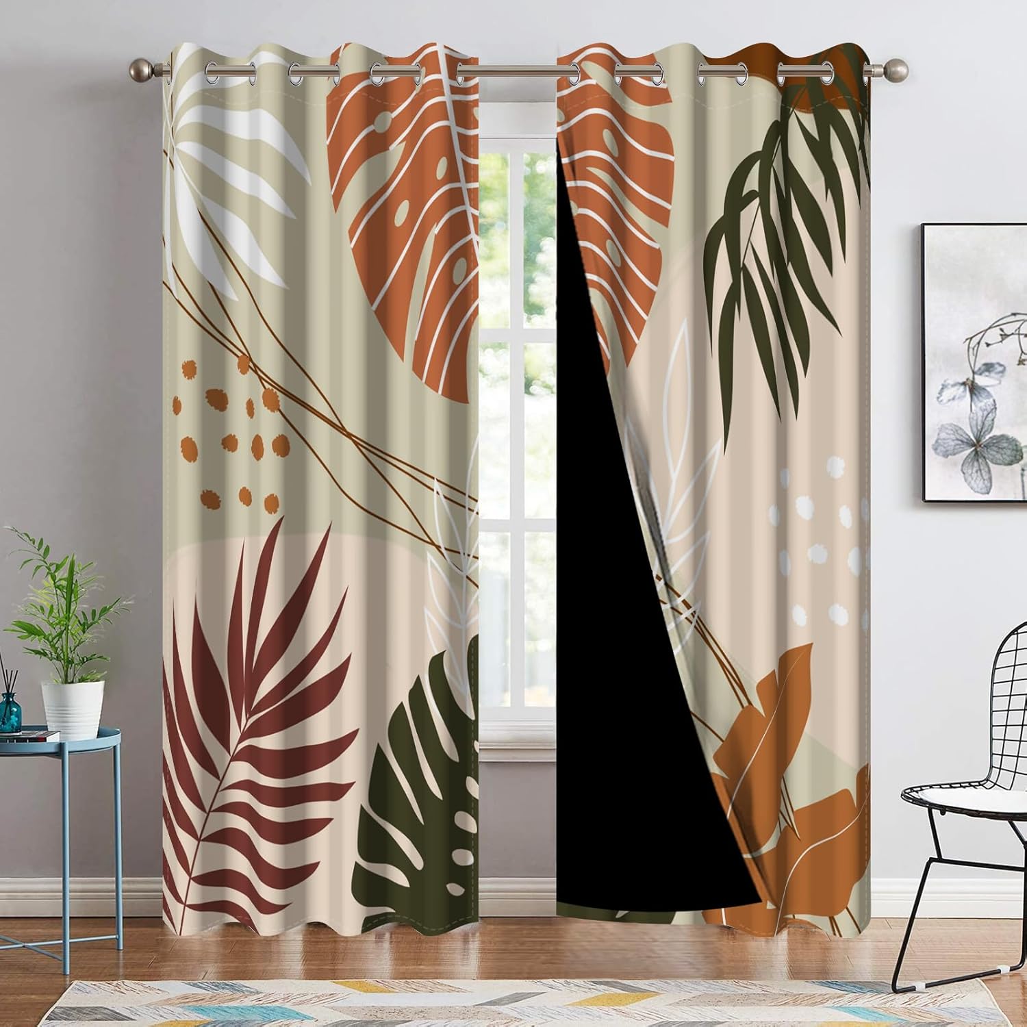 21x45inch Bohemian Tropical Palm Leaf Blackout Curtains for Bedroom, Minimalist Tropical Leaf Pattern with Geometric Design Room Darkening Curtains with Light Brown Window Drapes,2 Panels