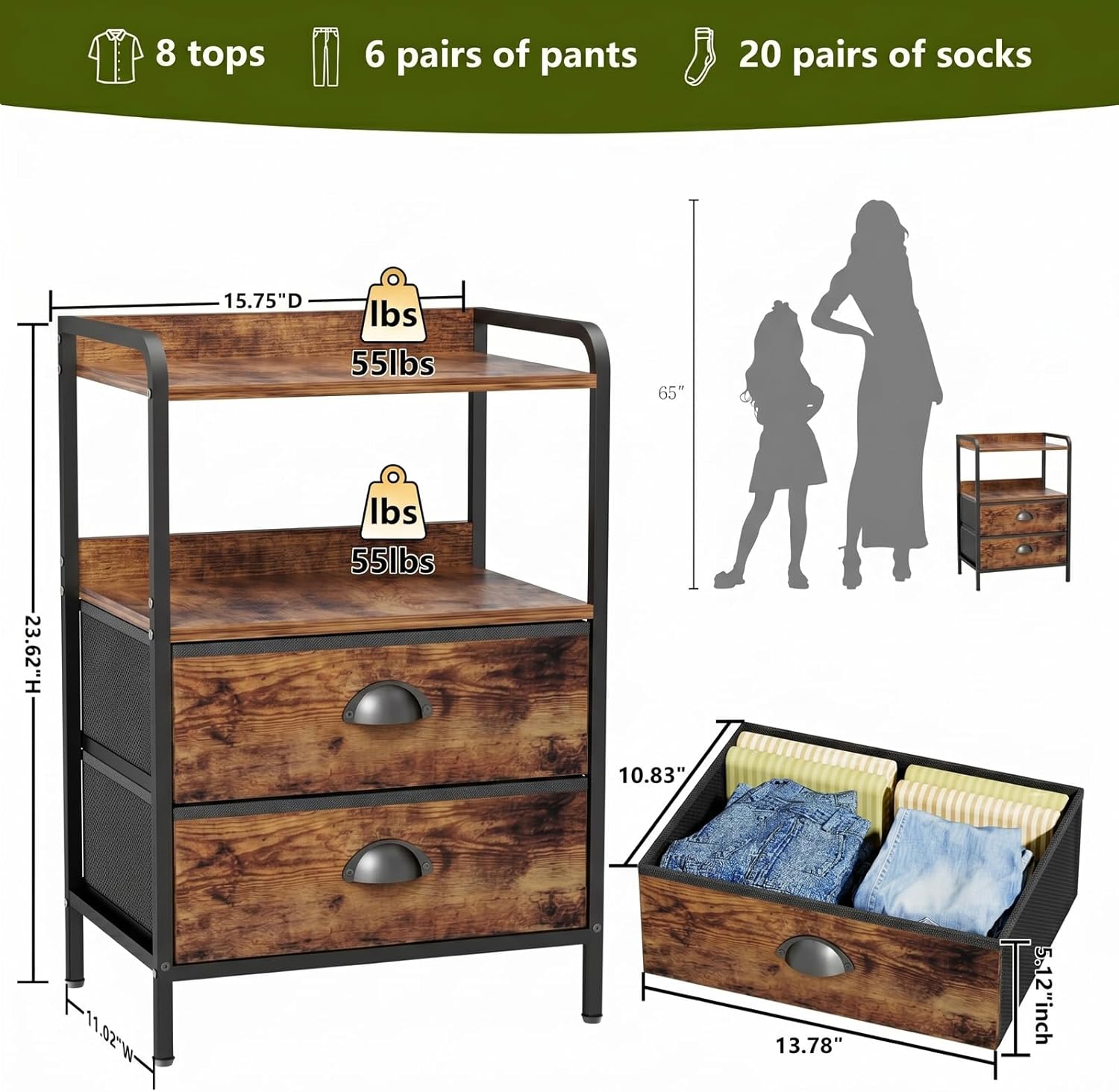 Night Stand, End Table with 2 Drawers Nightstand for Bedroom, Small Fabric Dresser Organizer, Bedisde Table Side Table with Open Storage Shelf, Rustic Brown