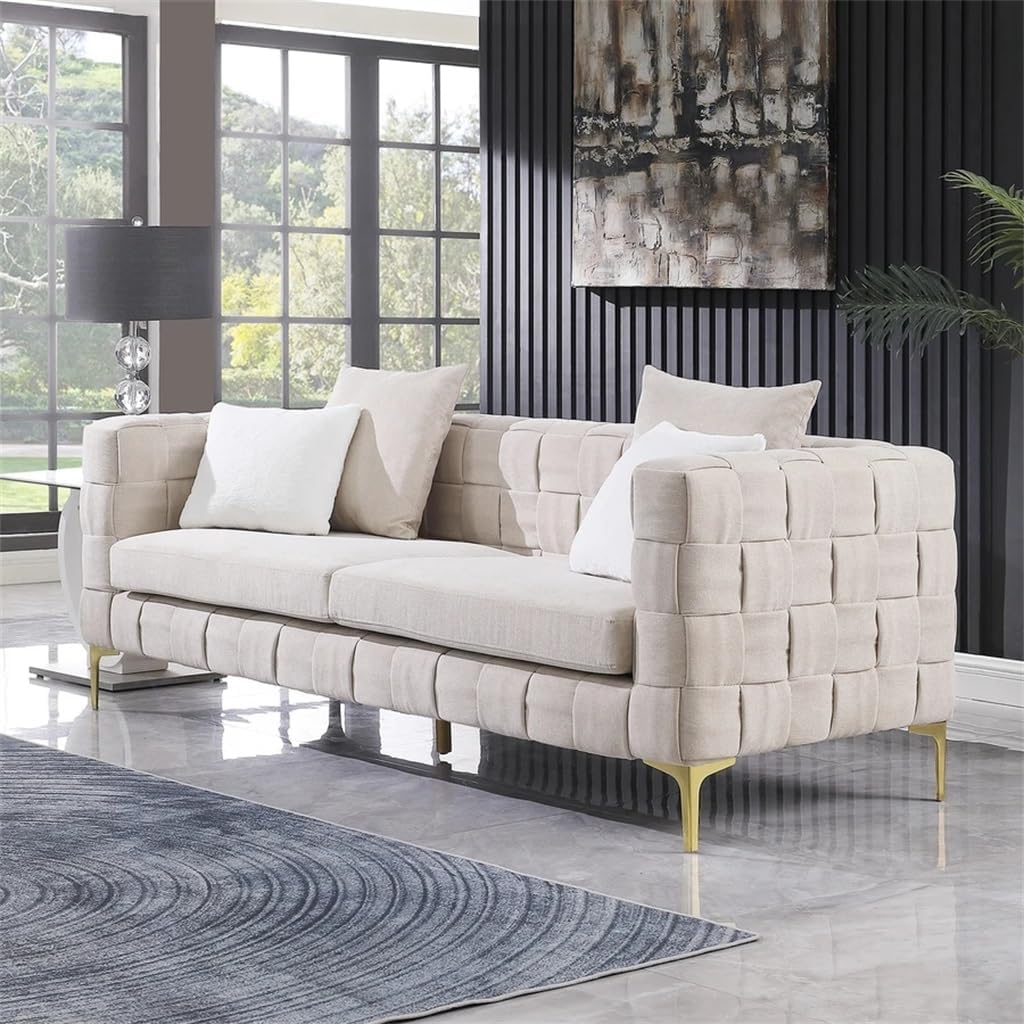 Beige Snowflake Woven Sofa, Living Room, Hand 4 Square Accent Pillows