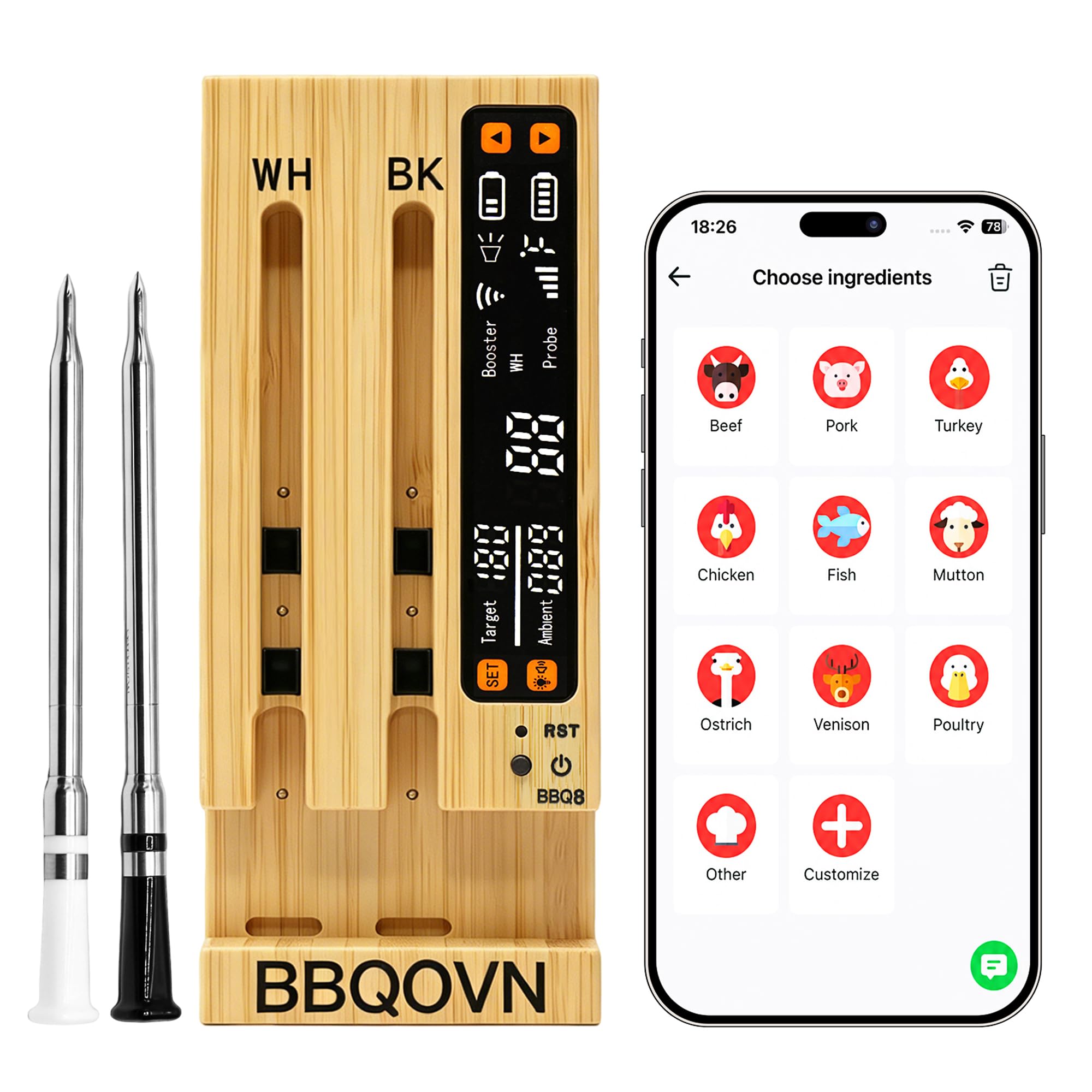 BBQOVN WiFi Sub-1G Wireless Fleischthermometer Unbegrenzte Reichweite 7 NIST Zertifizierte Sensoren mit Umgebungstemperatur 2 Temperaturüberwachungsmöglichkeiten Digital Smart Base und App für BBQ