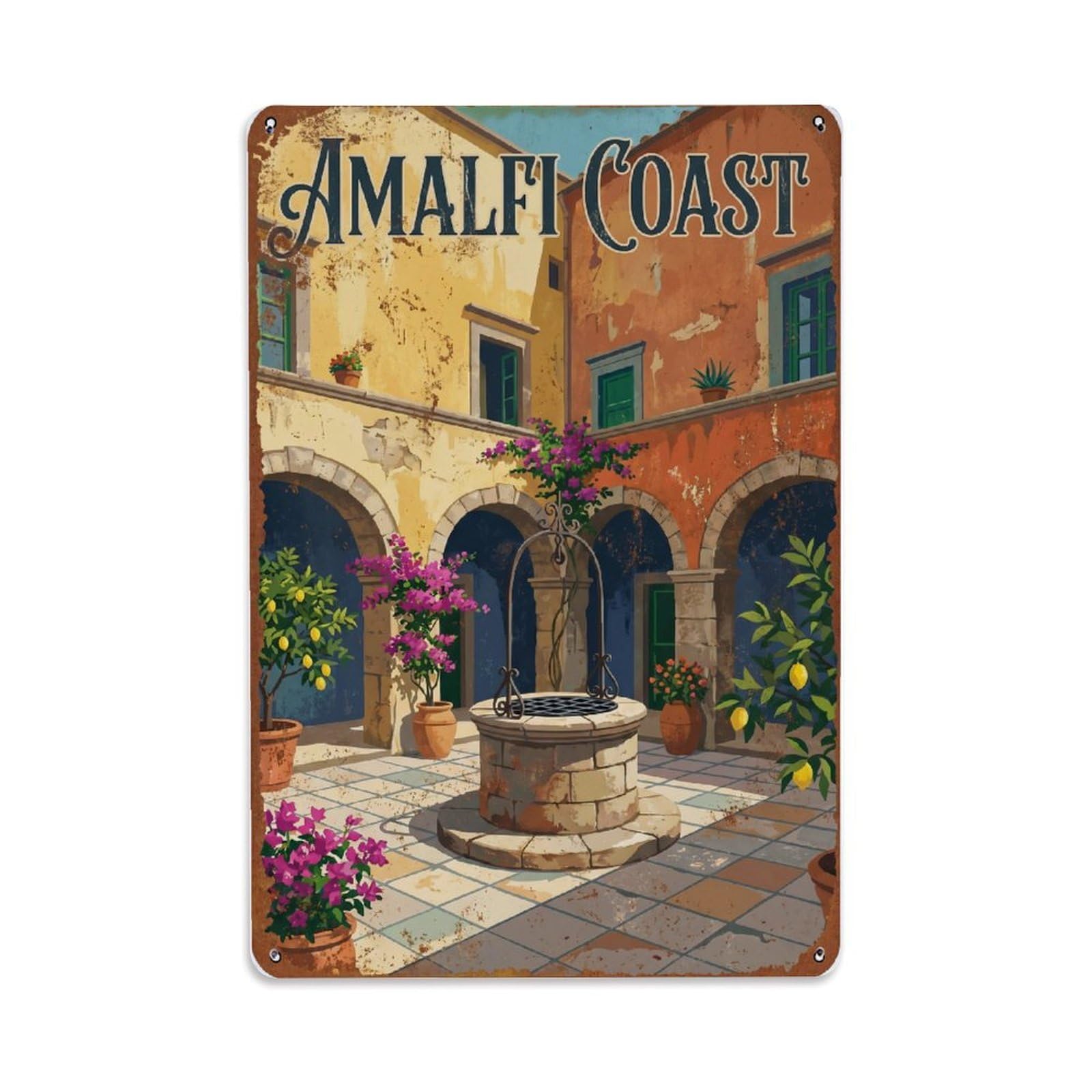 Fqnyr Style Vintage Travel Courtyard Italy Hidden Metal Tin Sign Plaque Wall Decor For Cafe, Club Bar, Office, Home Garden Metal Poster 8X12inch